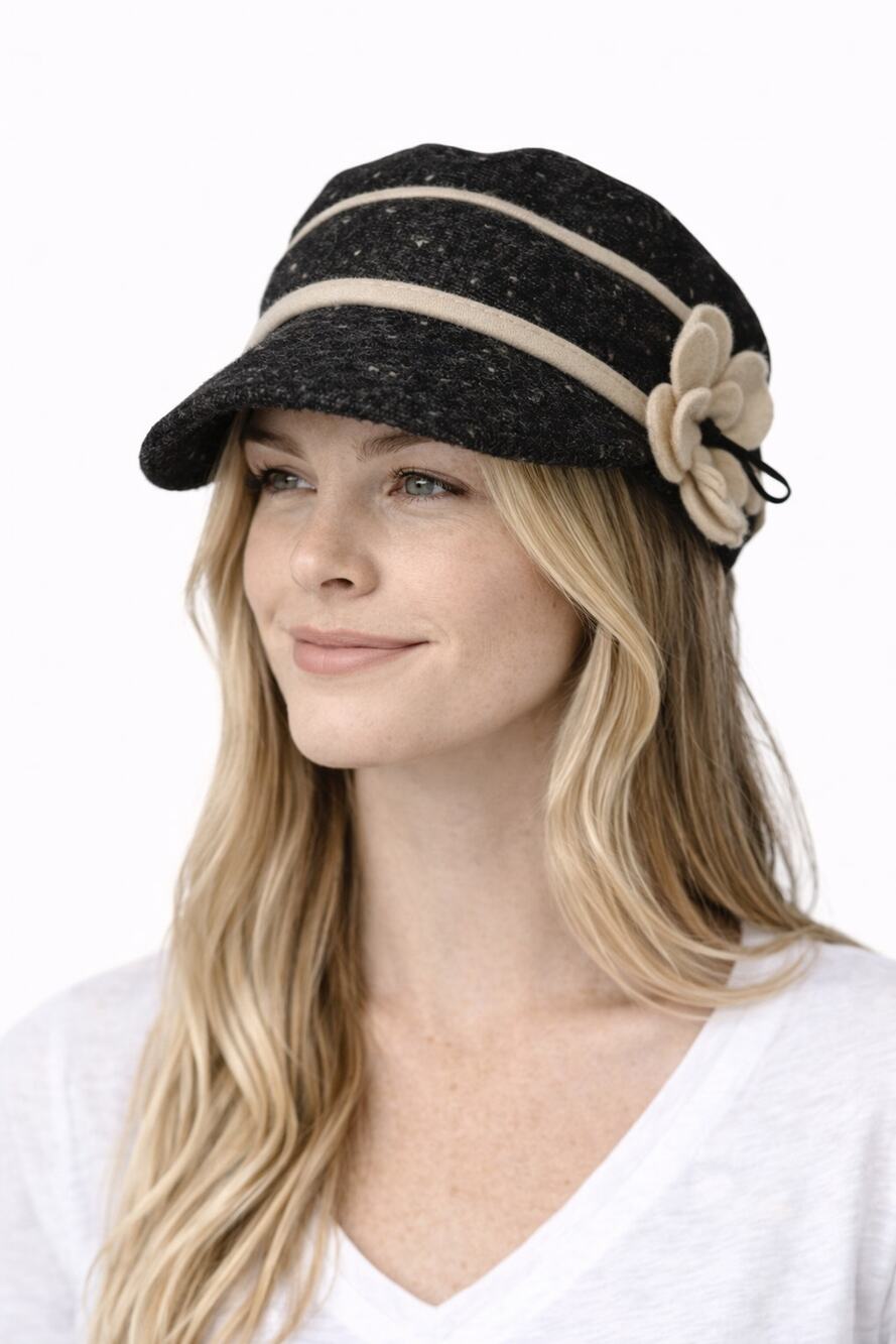 Scala Pronto Tweed Newsboy Cap Black Cream Flower Accent Womens Hat OS